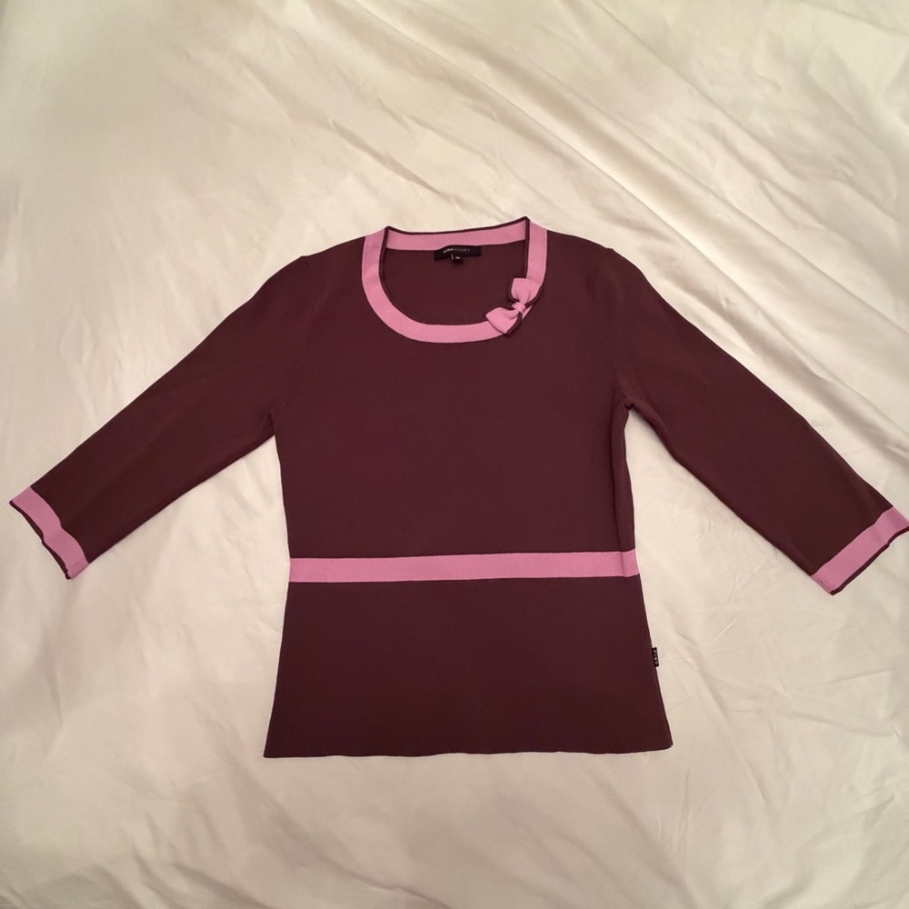 BCBGMaxAzria‎ Chocolate brown  Knit Top with Pink Trim Bow
